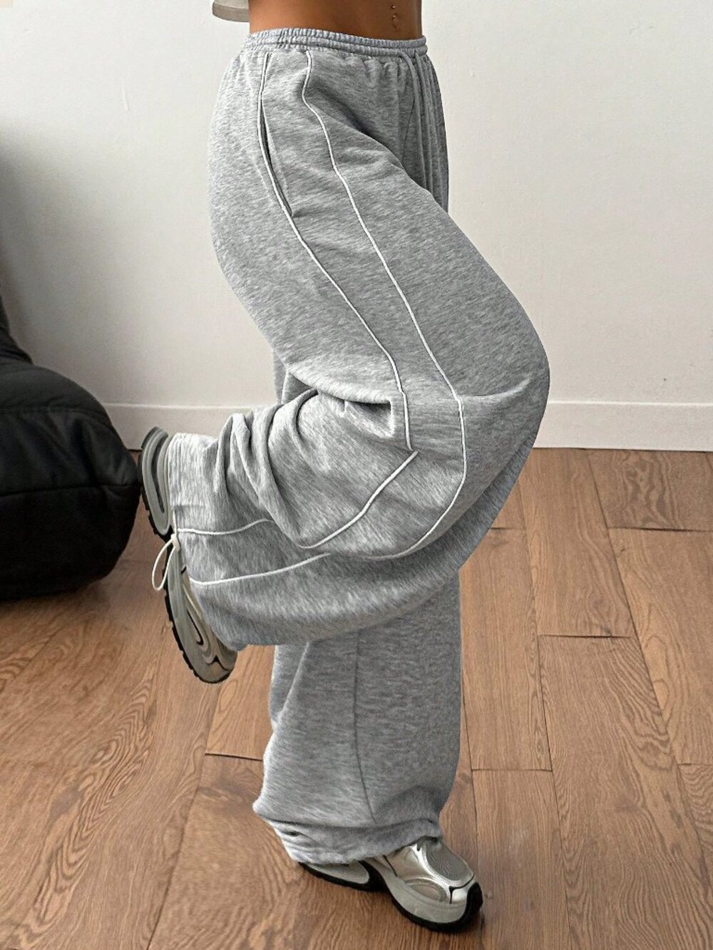 Grey Casual Women's Plus Size Mid Rise Wide Leg Elastic Waistband Sweatpants